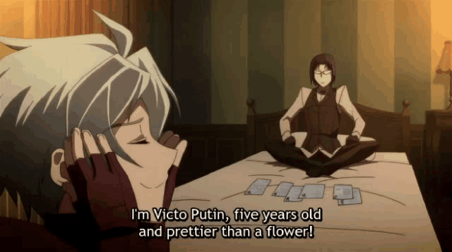 a man sitting on a bed with the words " i 'm victo putin five years old and prettier than a flower "