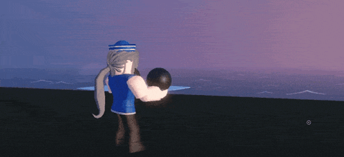 a girl in a blue shirt is holding a ball in her hand