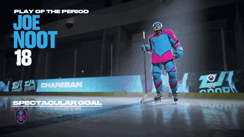 a hockey player named joe noot is wearing a blue and pink uniform