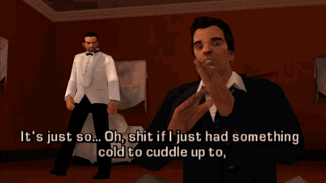 a man in a tuxedo is standing next to another man in a suit