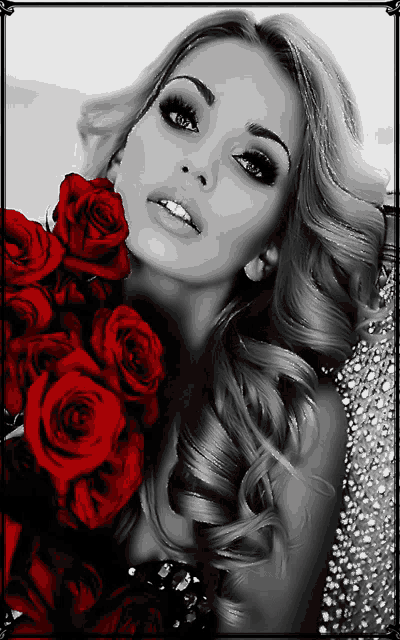 a woman is holding a bouquet of red roses in her hand