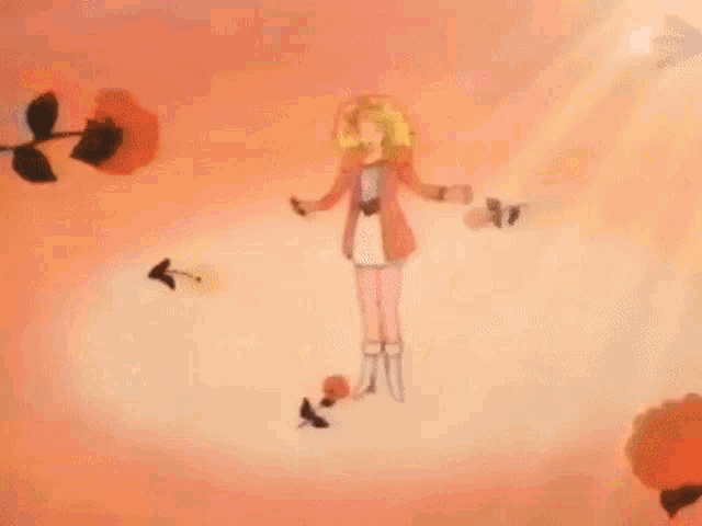 a cartoon of a woman with blonde hair and a red dress holding a flower .