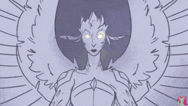 a drawing of a woman with white eyes and a purple hair
