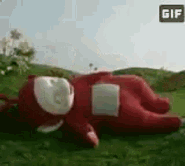 a teletubbies teddy bear is laying on the grass .