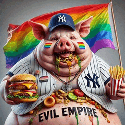 a pig wearing a new york yankees jersey is holding a hamburger and a cup of french fries