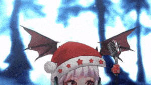 a cartoon character wearing a santa hat and wings holds a microphone