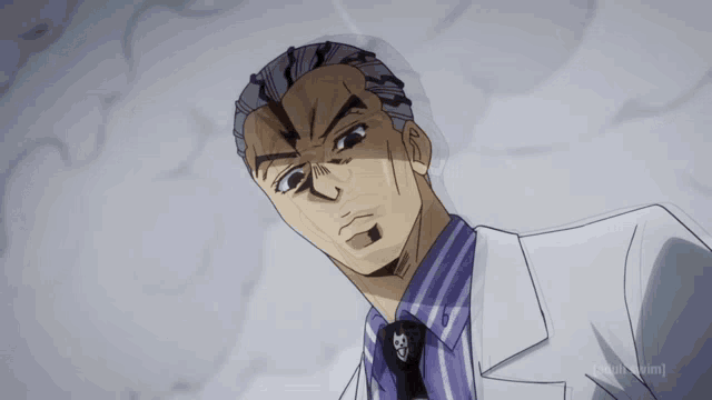 a cartoon of a man in a white coat and a striped shirt with a skull on it