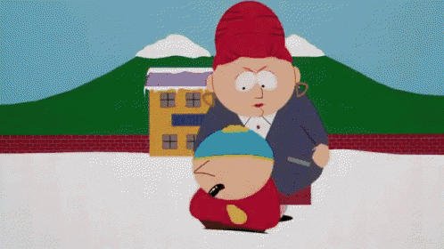 a cartoon character from south park stands next to another character in front of a building that says south park