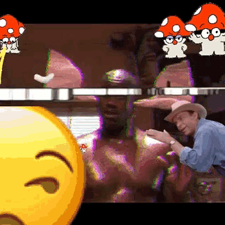 a man in a cowboy hat is standing next to a smiley face