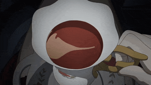 a cartoon drawing of a person drinking a cup of red soup