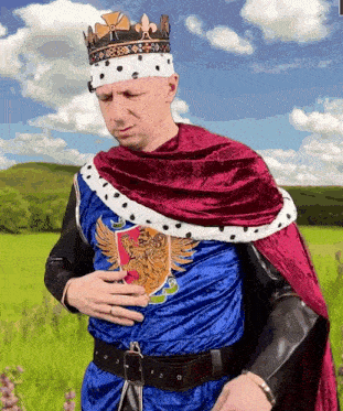 a man dressed as a king with a crown on his head is standing in a field