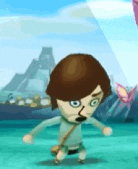 a cartoon character is standing in front of a mountain and a butterfly .
