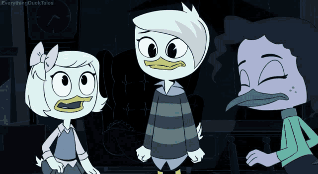 three cartoon ducks are standing next to each other and the words everythingducktales are on the bottom right