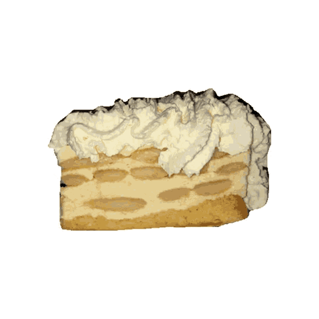 a piece of cake with whipped cream on top on a white background