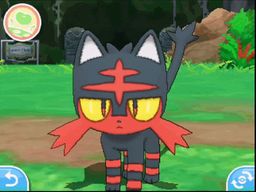 a black and red cat with yellow eyes is standing in a grassy field