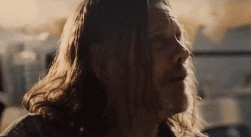 a close up of a man 's face with long hair and a beard