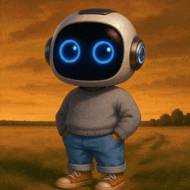a cartoon character wearing a helmet and headphones stands in a field with his hands in his pockets