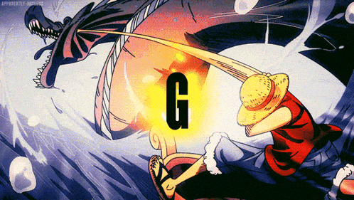 monkey d luffy is fighting a monster with the letter g in the background