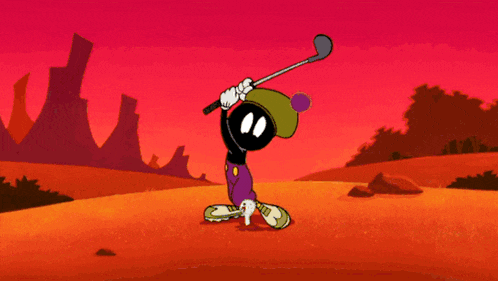 a cartoon explosion with the word golf written in green
