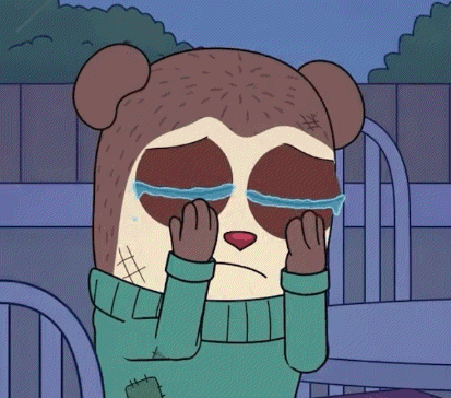 a cartoon bear is crying with his hands on his eyes