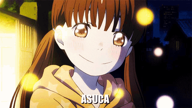 a cartoon girl with the name asuca on the bottom