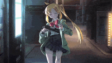 a girl in a school uniform is holding a gun in her hand