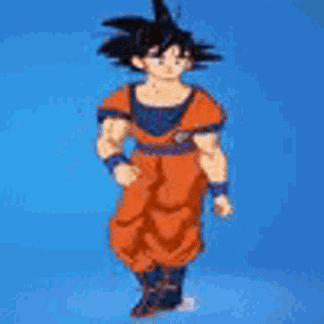 a pixel art of a person in a dragon ball z outfit standing on a blue background .