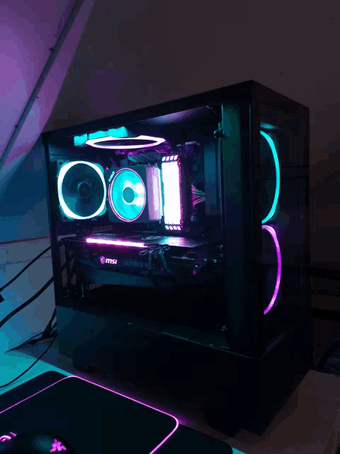 a msi geforce rtx graphics card is sitting in a dark room