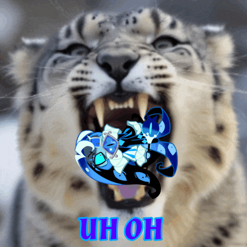 a snow leopard with its mouth open and the words uh oh in blue