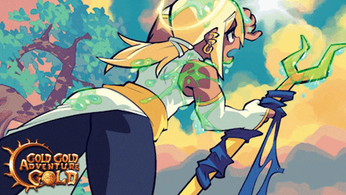 a poster for gold gold adventure gold shows a woman holding a spear