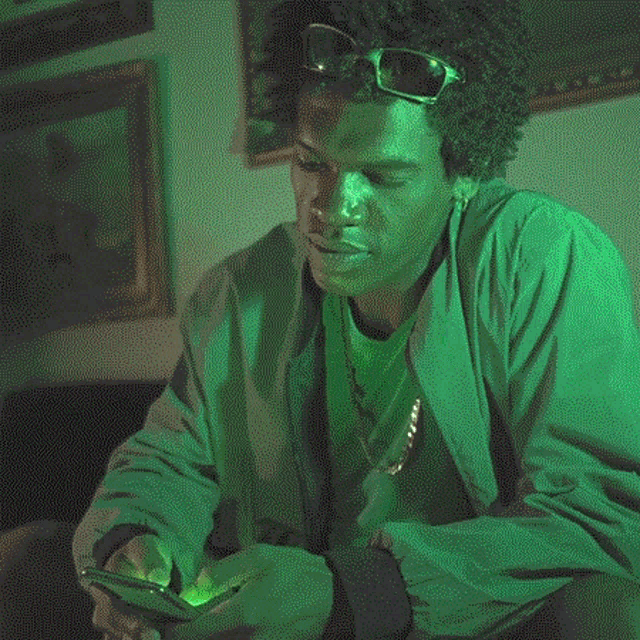 a man wearing sunglasses is looking at a cell phone with the words o pay ta on written above him