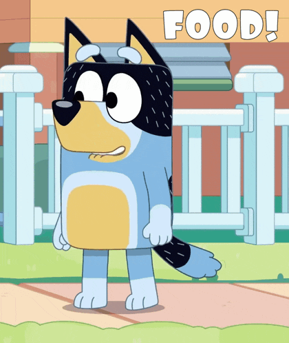 a cartoon dog is standing in front of a fence with the words food above him