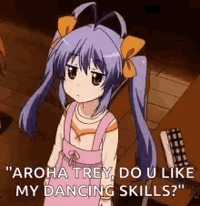 a girl with purple hair and pigtails is standing in a room and talking to someone .