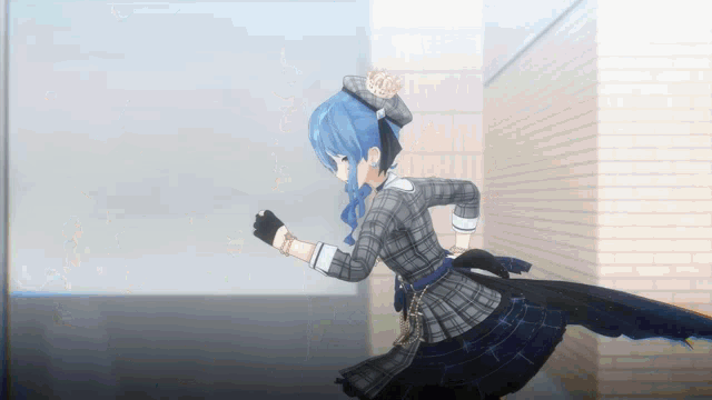 a girl with blue hair and a plaid jacket is running