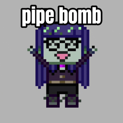 a pixel art drawing of a girl with purple hair and the words pipe bomb below her