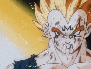 a close up of a cartoon character with a m on his face