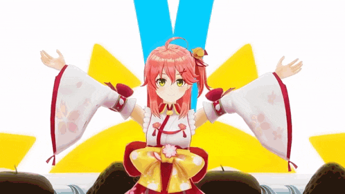 a 3d anime girl with pink hair and green eyes is standing in front of a sun with her arms outstretched .