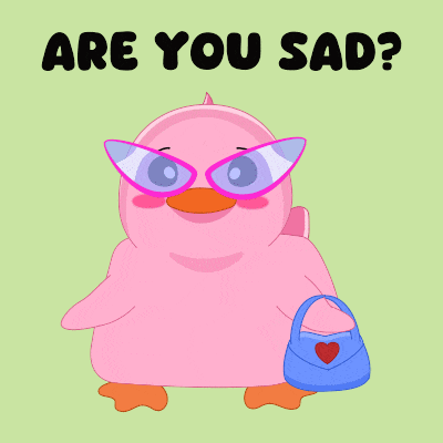 a pink duck wearing sunglasses and holding a blue purse with the words are you sad below it
