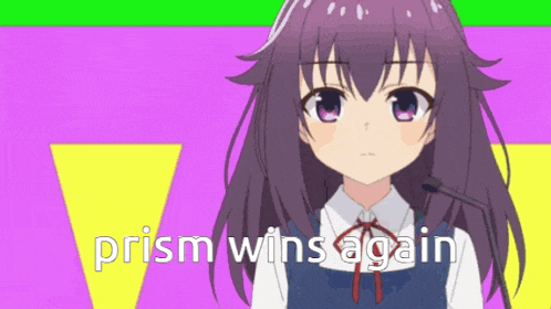 a girl with purple hair is standing in front of a microphone and says prism wins again