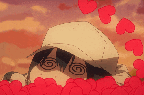 a cartoon character is surrounded by hearts and has a swirl in his eye