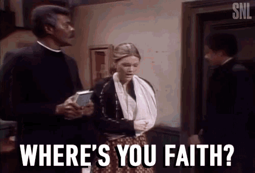 a woman with a cast on her arm is standing next to a priest and asking where 's your faith ?