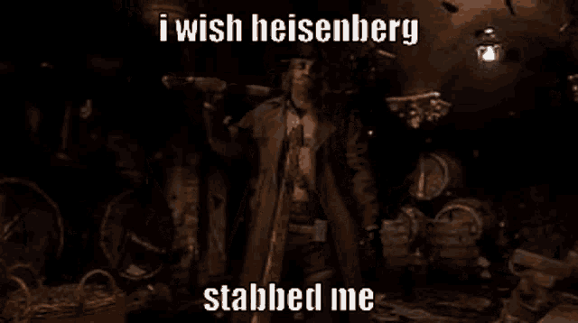 a man in a top hat is holding a knife in a dark room and says `` i wish heisenberg stabbed me ''