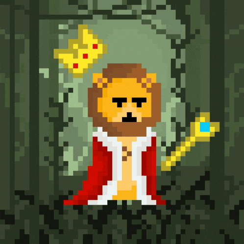 a pixel art drawing of a lion wearing a robe and crown