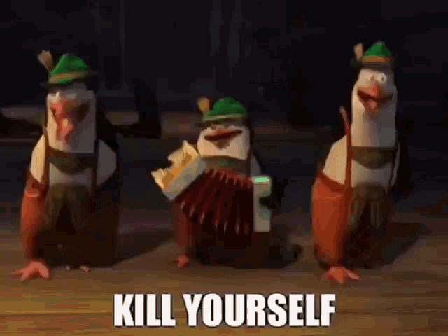 three penguins from spongebob squarepants are playing an accordion and singing a song .
