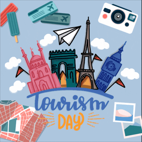 a poster for tourism day with a drawing of famous buildings