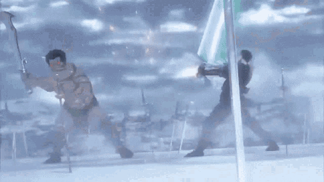 a group of people are fighting with lightsabers in the fog