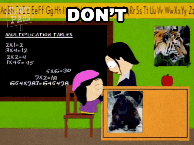 a cartoon of a teacher teaching a girl multiplication tables