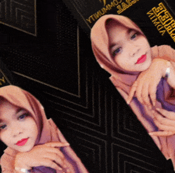 a woman wearing a hijab and red lipstick is surrounded by a black background with a geometric pattern