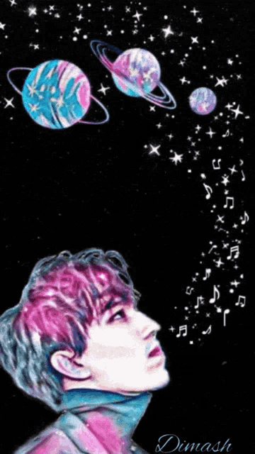 a drawing of a boy with pink hair and planets in the background