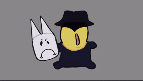 a cartoon character with a sad face is standing next to another character with a hat